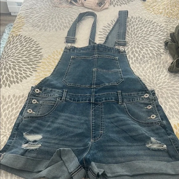 No Boundaries Blue Denim Overall Shorts - Picture 1 of 1